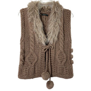 Crochet Sweater Vest Womens Medium Faux Fur Collar Brown Wool‎ Acrylic Pom Poms